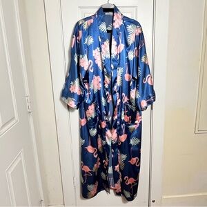 Floral Satin Kimono Robe - Blue and Pink